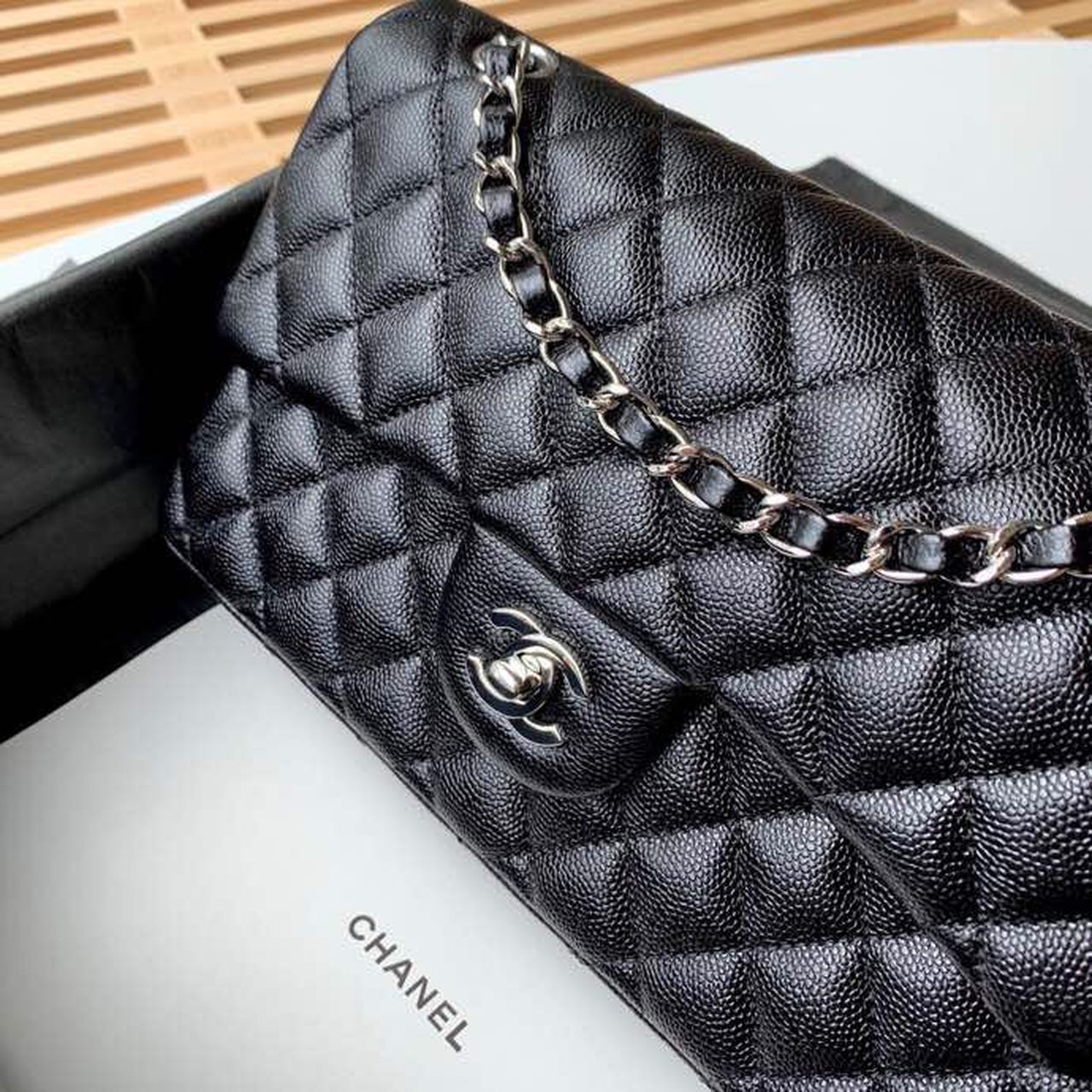 Ch**el Classic Handbag Silver Hardware Black For Women, Women’s Bags, Shoulder And Crossbody Bags 10.2in/26cm A01112