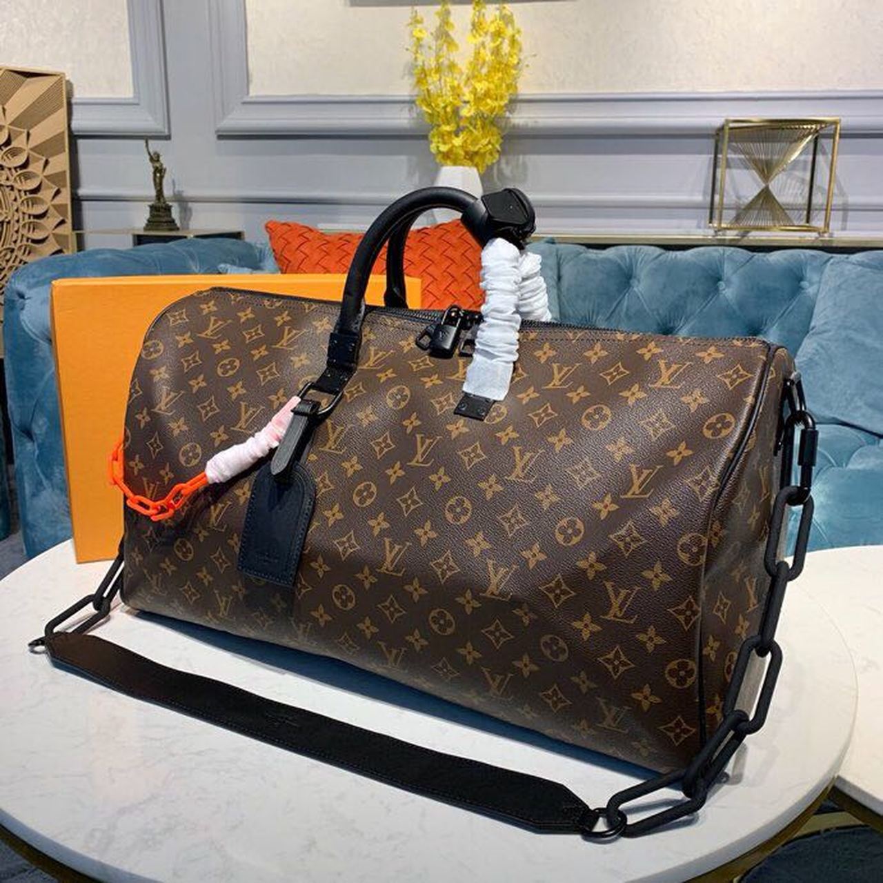 L0vis Vvtt0n Keepall Bandouliere 50 Monogram Solar Ray Canvas Black/Orange By Virgil Abloh 19.7in/50cm LV M44471