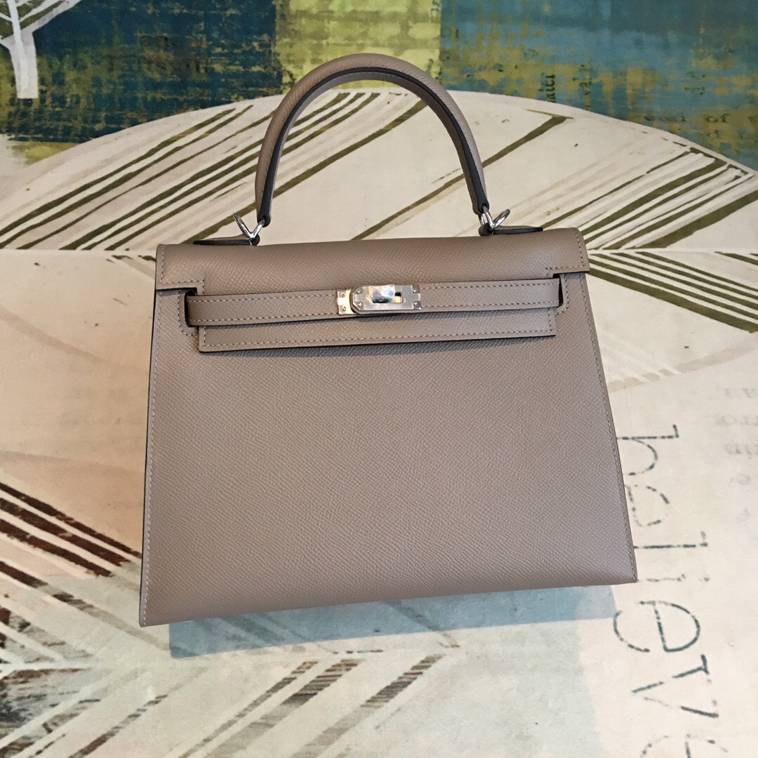 H**me5 Kelly 25 Sellier Epsom Gris Asphalt Bag For Women Silver Toned Hardware, Women’s Handbags, Shoulder Bags 10in/25cm