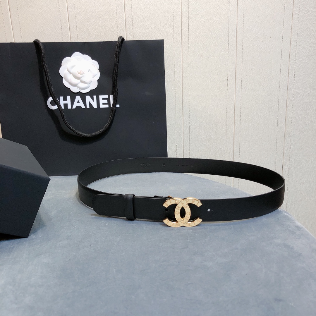 Ch**el Belt With Double C Buckle Black With Full Gold Toned Hardware Women Belt