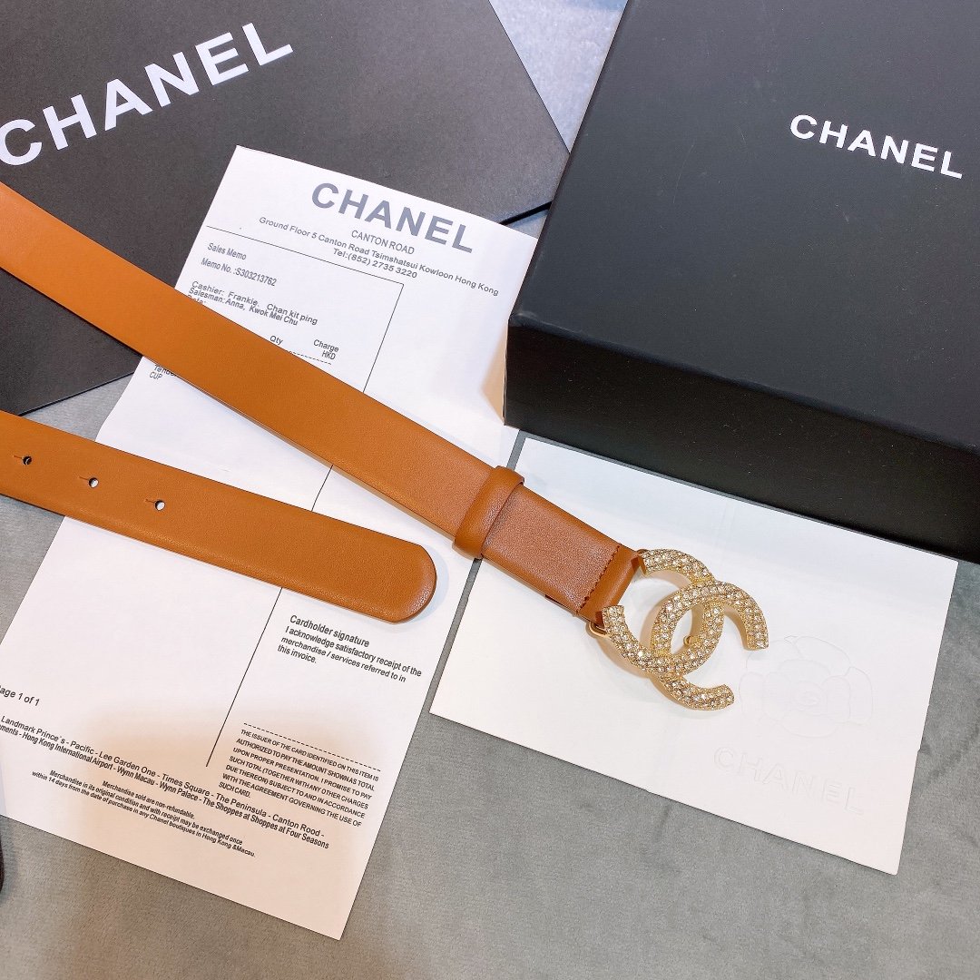 Ch**el Brown Belt With Double C Buckle Gold-Toned and Strass Metal Women Belt
