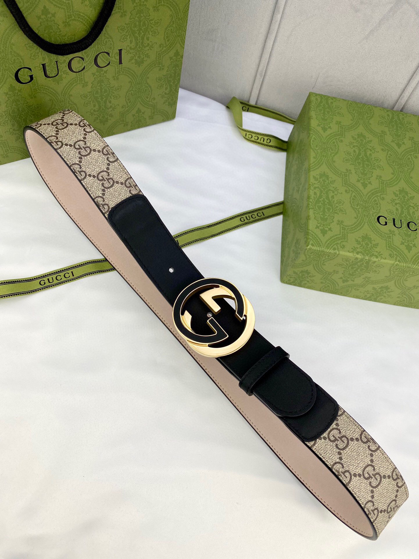 Gvc*1 GG Svp*me Belt With Interlocking G Buckle Beige/Ebony GG Svp*me And Black For Women, Women Belt