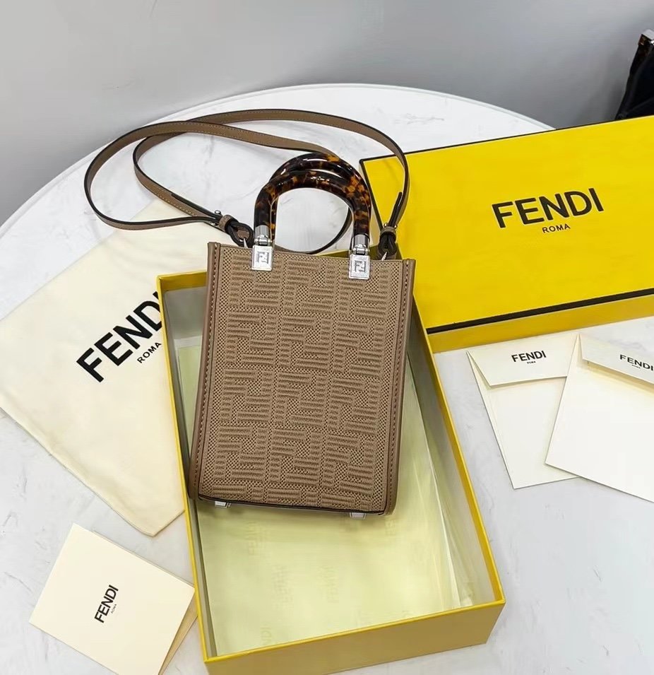 F**di Mini Sunshine Shopper Beige For Women, Women’s Handbags, Shoulder And CrossBody Bags 7.1in/18cm FF 8BS051