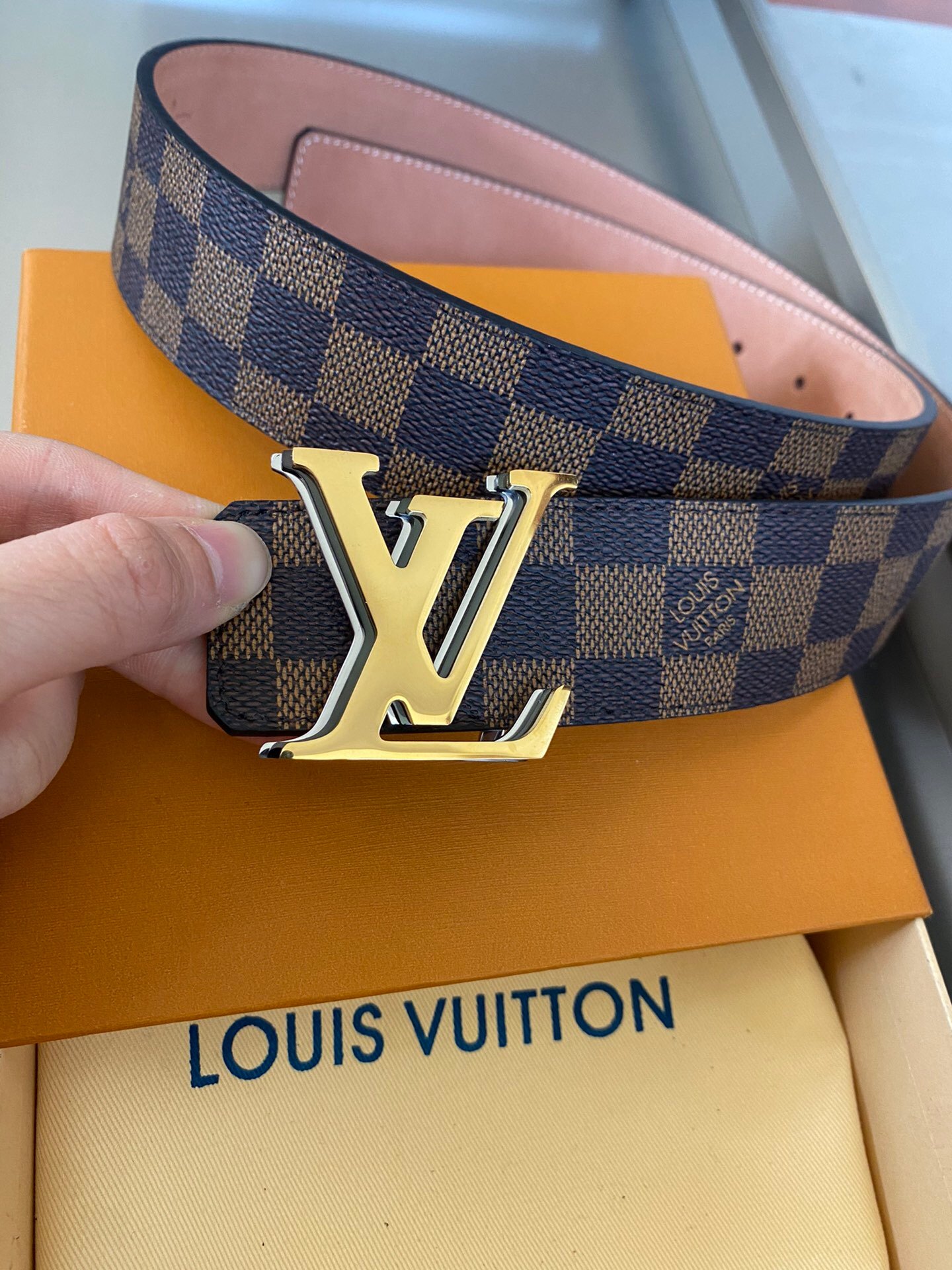 L0vis Vvtt0n Initiales Reversible LV Belt with Damier Ebene Canvas Gold Toned Hardware