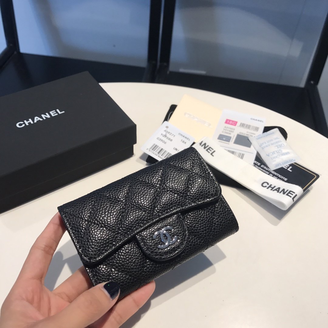 Ch**el Classic Card Holder Silver Hardware Black For Women, Women’s Wallet 4.5in/11.5cm