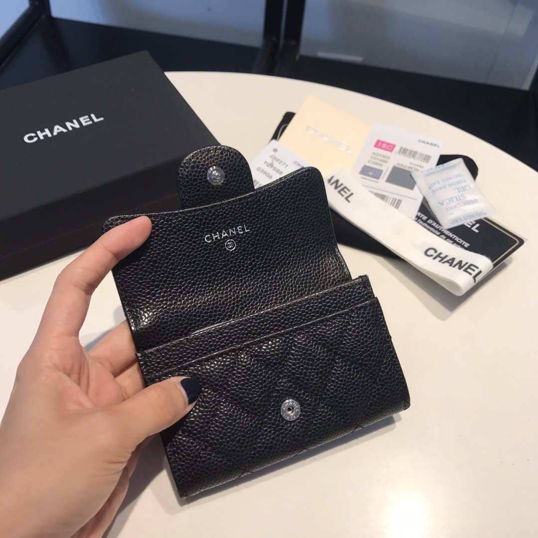 Ch**el Classic Card Holder Silver Hardware Black For Women, Women’s Wallet 4.5in/11.5cm