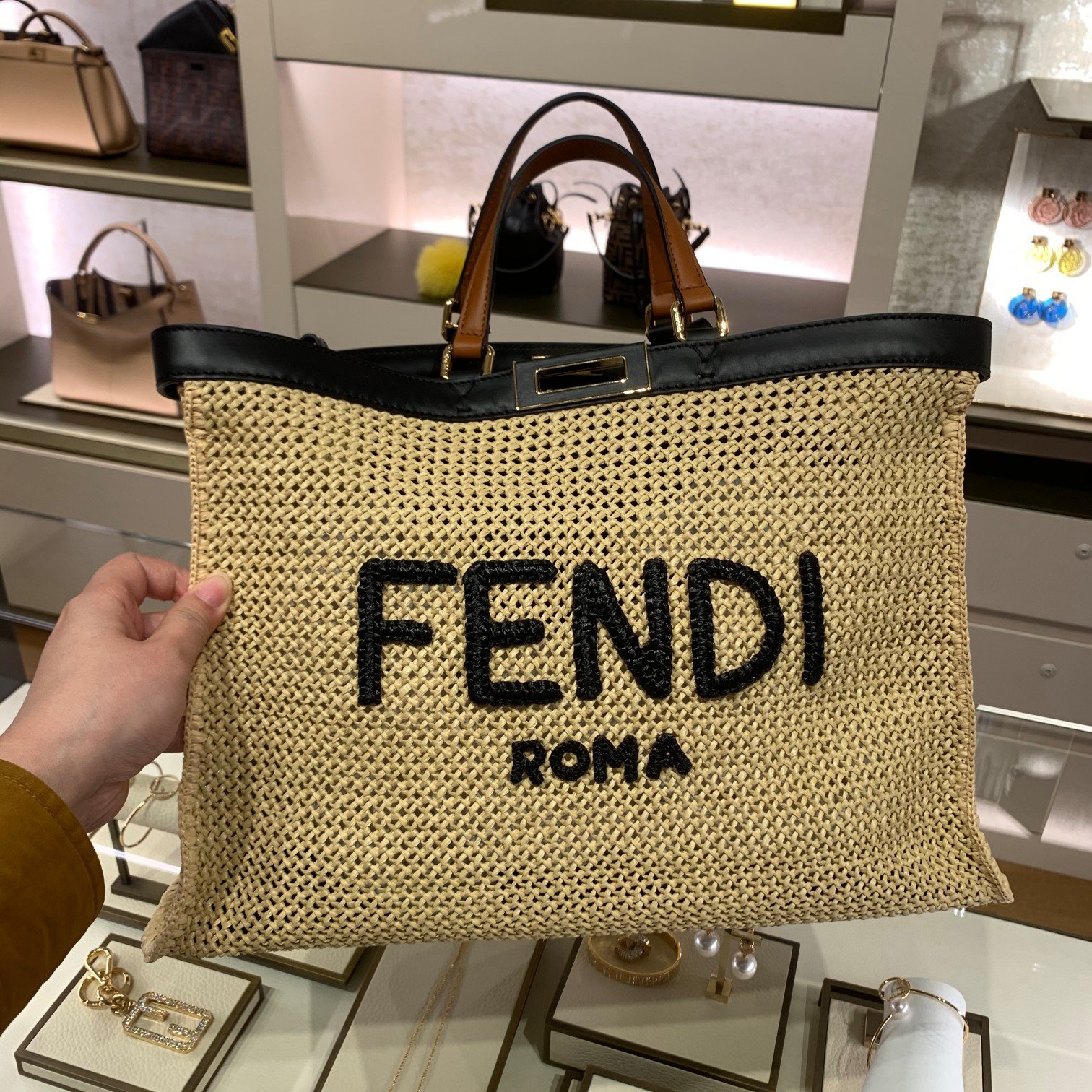 F**di Peekaboo X-tote Medium Woven Straw Tote Bag For Women, Women’s Handbags 16.1in/41cm FF