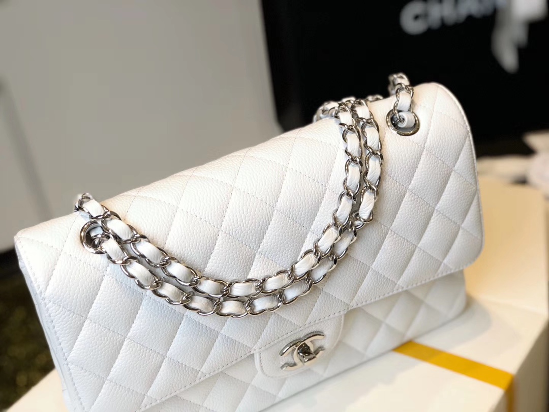 Ch**el Classic Medium Flapbag Silver Hardware White 10in/25.5cm