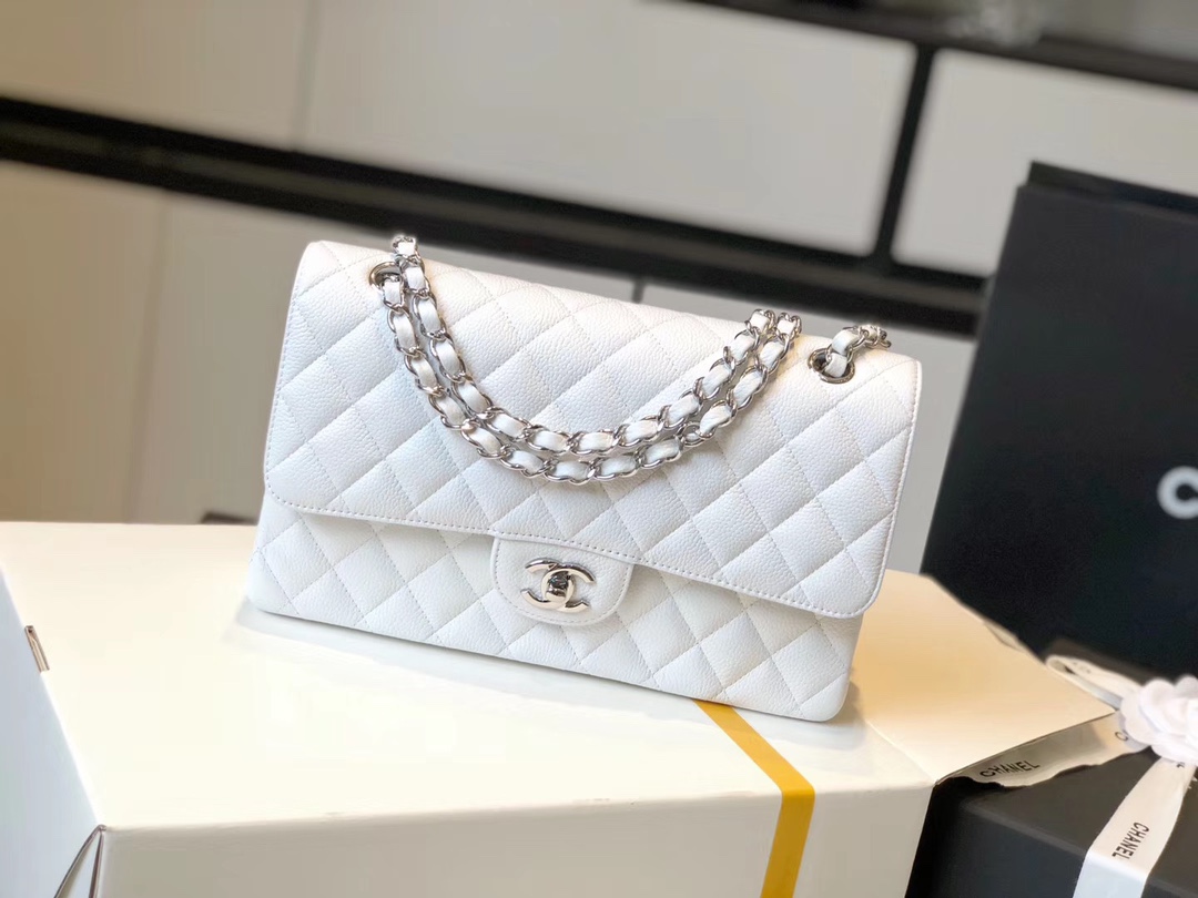 Ch**el Classic Medium Flapbag Silver Hardware White 10in/25.5cm