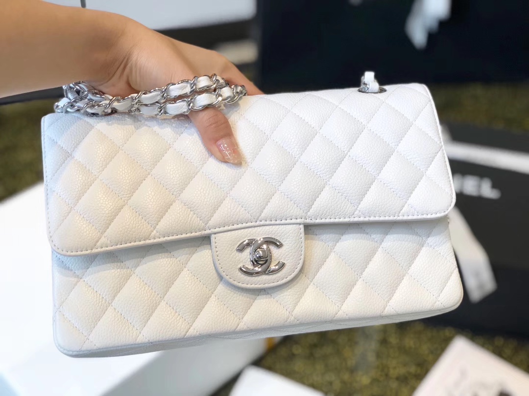 Ch**el Classic Medium Flapbag Silver Hardware White 10in/25.5cm