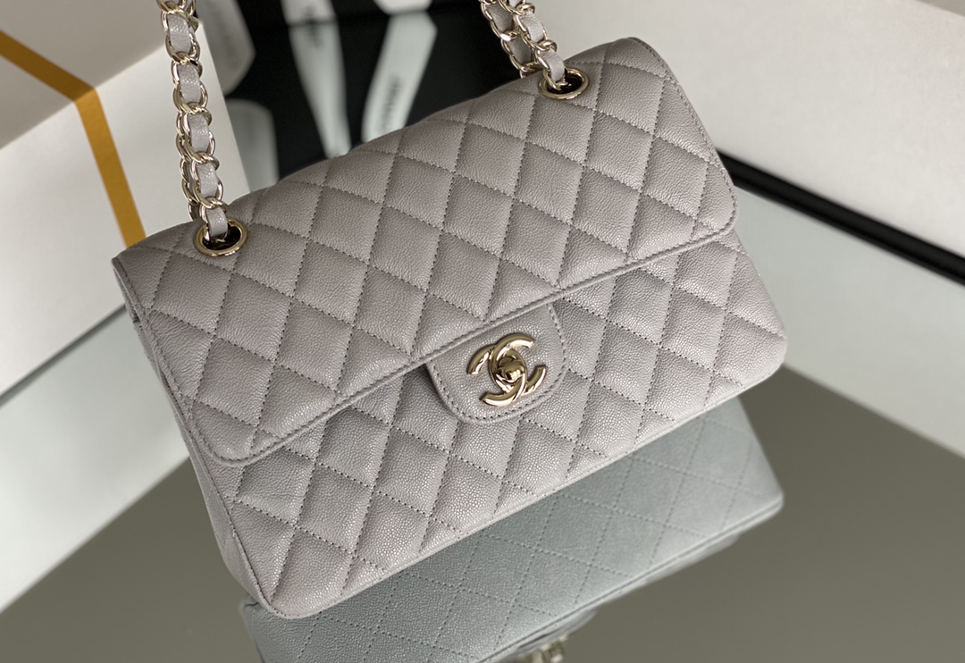 Ch**el Classic Handbag 26cm Grey GOLD Hardware For Women A01112