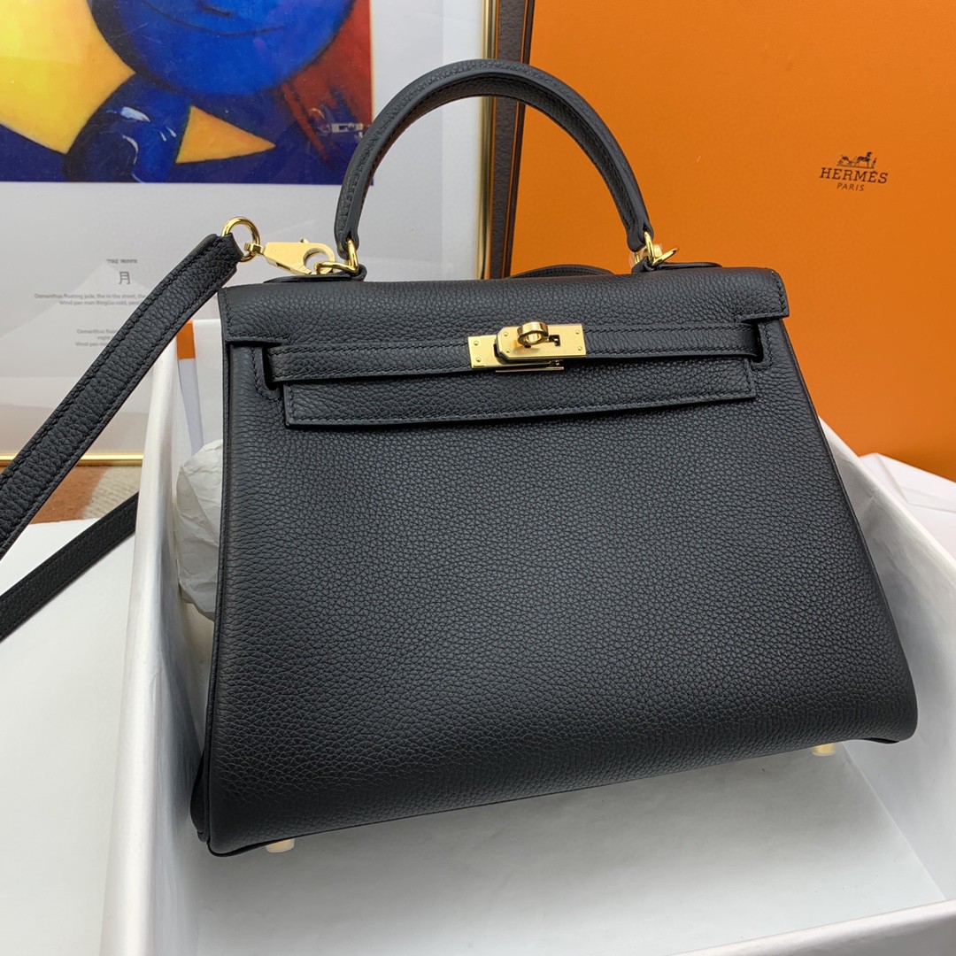 H**me5 Kelly 25 Retourne Togo Black Bag For Women, Women’s Handbags, Shoulder Bags 10in/25cm