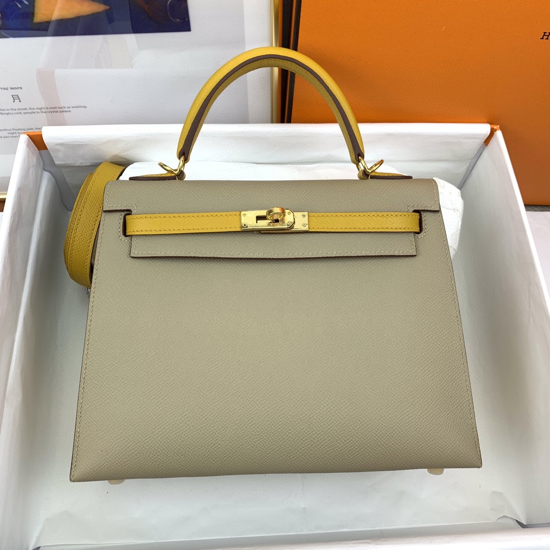 H**me5 Kelly 25 Sellier Epsom Greige/Yellow Bag For Women, Women’s Handbags, Shoulder Bags 10in/25cm