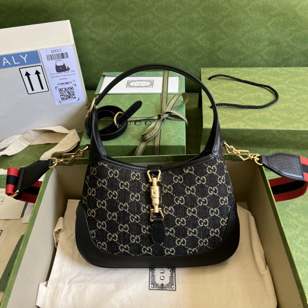 Gvc*1 Jackie 1961 Small Shoulder Bag Black And Ivory GG Denim Jacquard For Women 11in/28cm 678843 UN3AG 1294