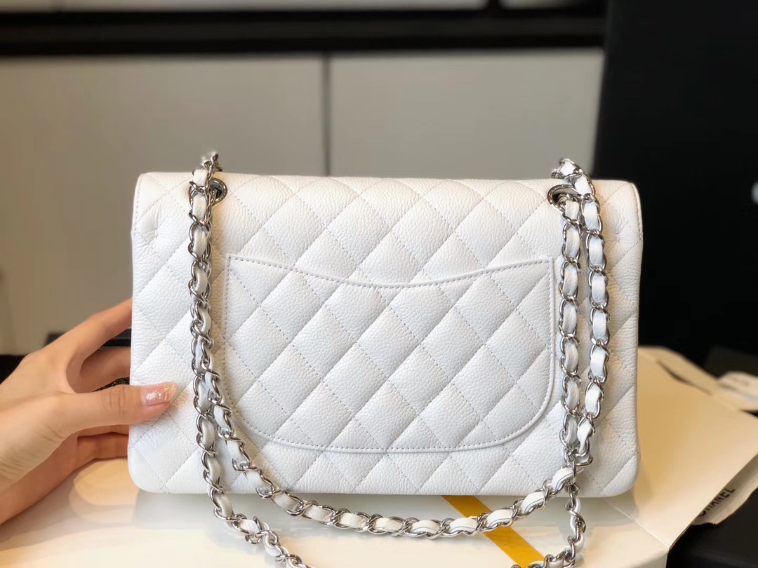 Ch**el Classic Medium Flapbag Silver Hardware White 10in/25.5cm