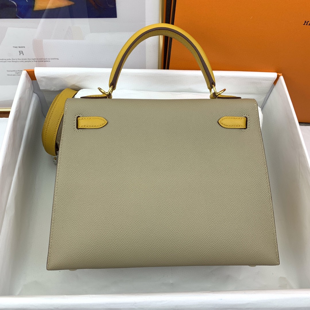 H**me5 Kelly 25 Sellier Epsom Greige/Yellow Bag For Women, Women’s Handbags, Shoulder Bags 10in/25cm