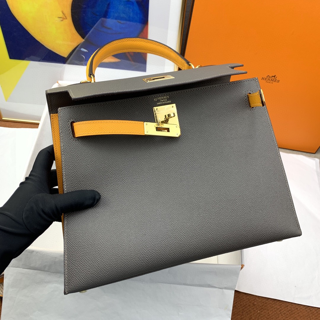 H**me5 Kelly 28 Sellier Epsom Dark Grey/Yellow Bag For Women, Women’s Handbags, Shoulder Bags 11in/28cm
