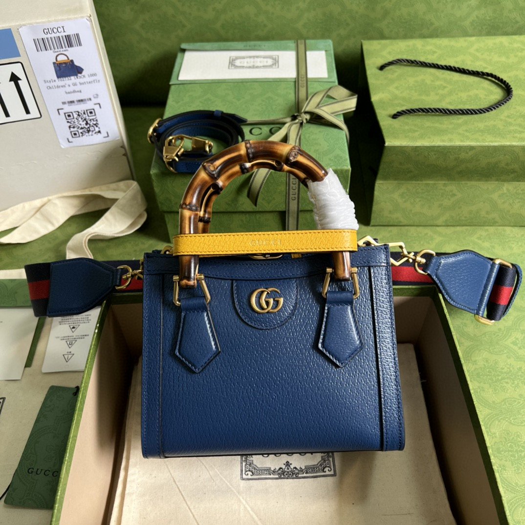 [True-to-ORIGINAL] Gvc*1 Diana Mini Tote Bag Canvas Lining Blue For Women 7.9in/20cm GG 702732 U3ZDT 4862