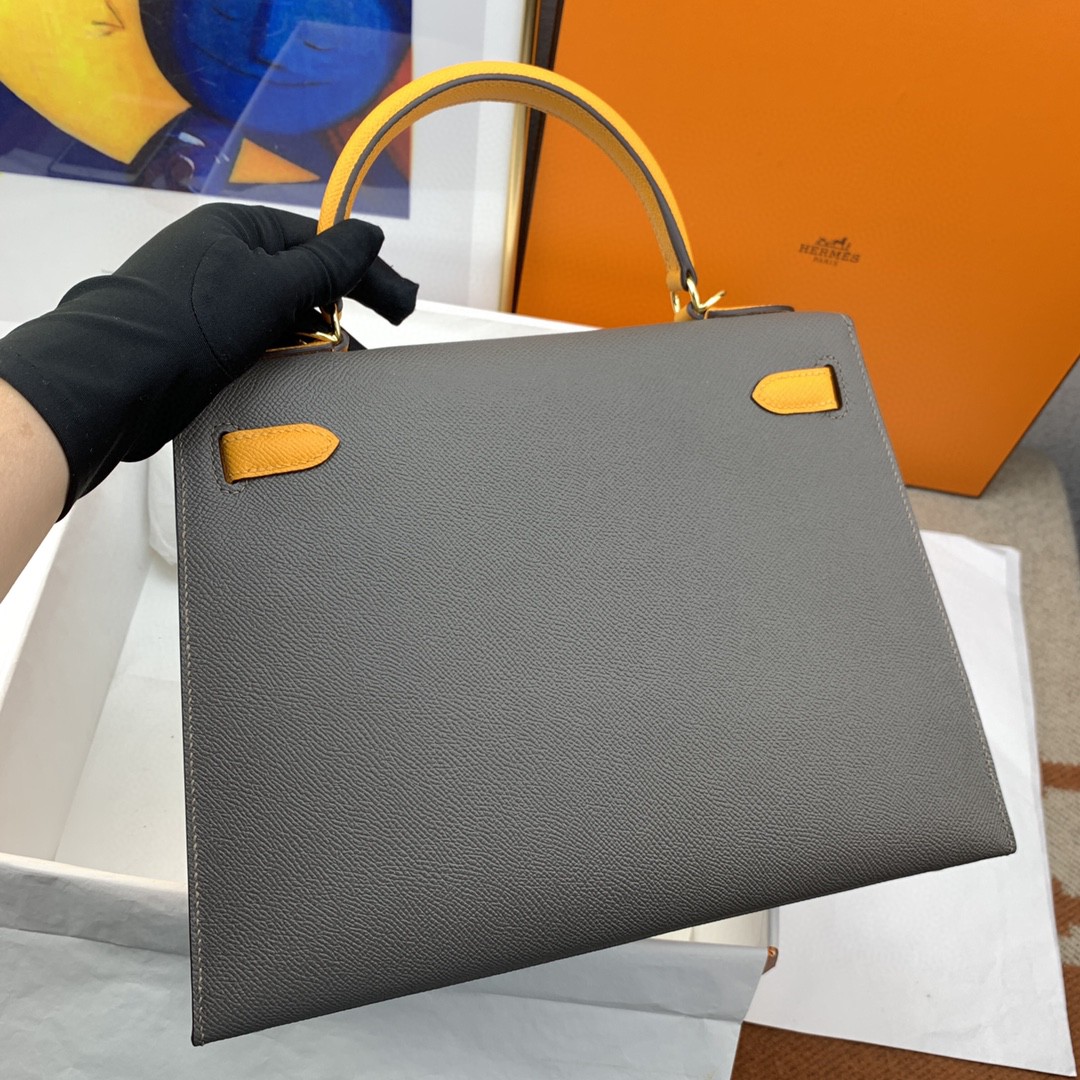 H**me5 Kelly 28 Sellier Epsom Dark Grey/Yellow Bag For Women, Women’s Handbags, Shoulder Bags 11in/28cm