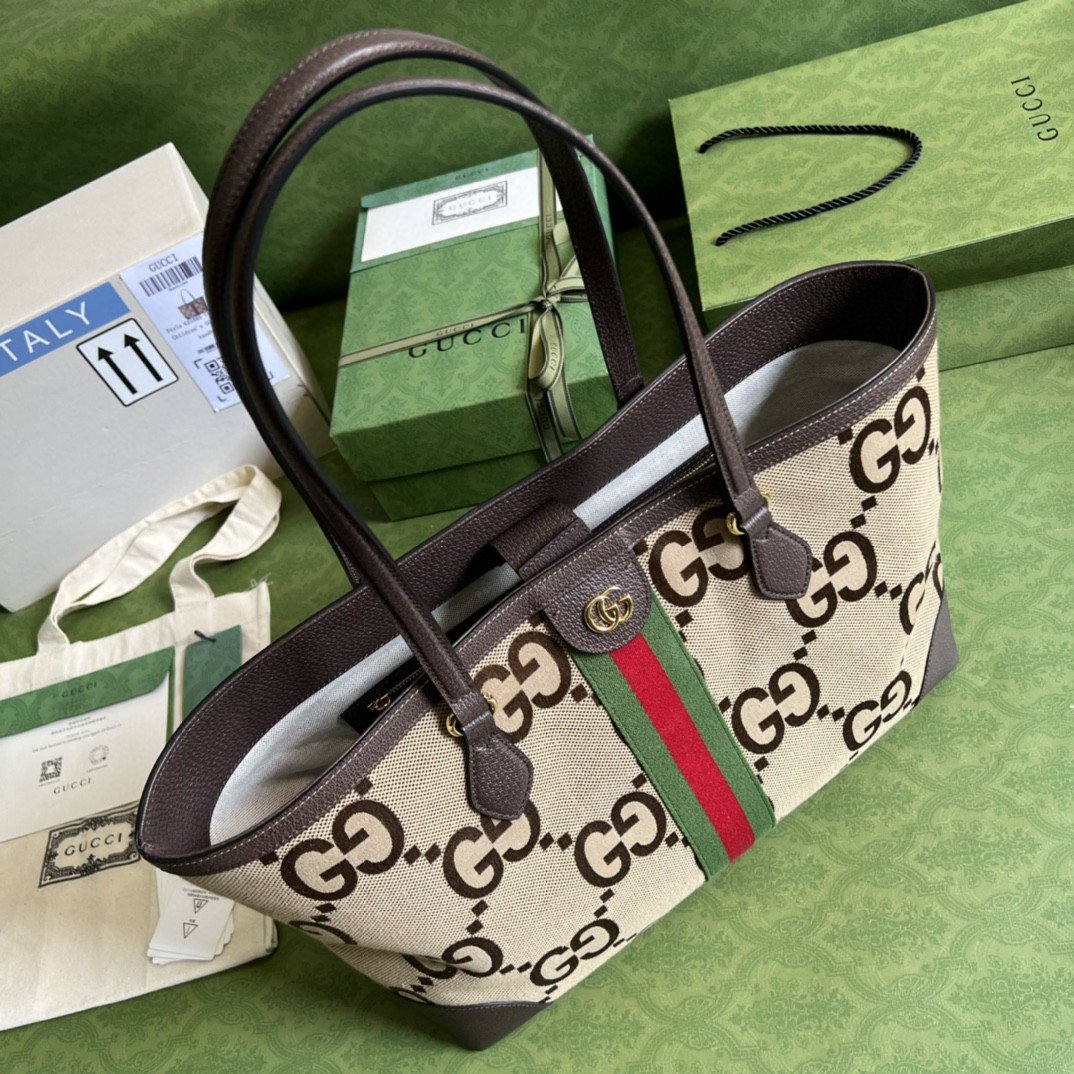 Gvc*1 Ophidia Jumbo GG Medium Tote Camel And Ebony Jumbo Canvas For Women 15in/38cm 631685 UKMDG 2570