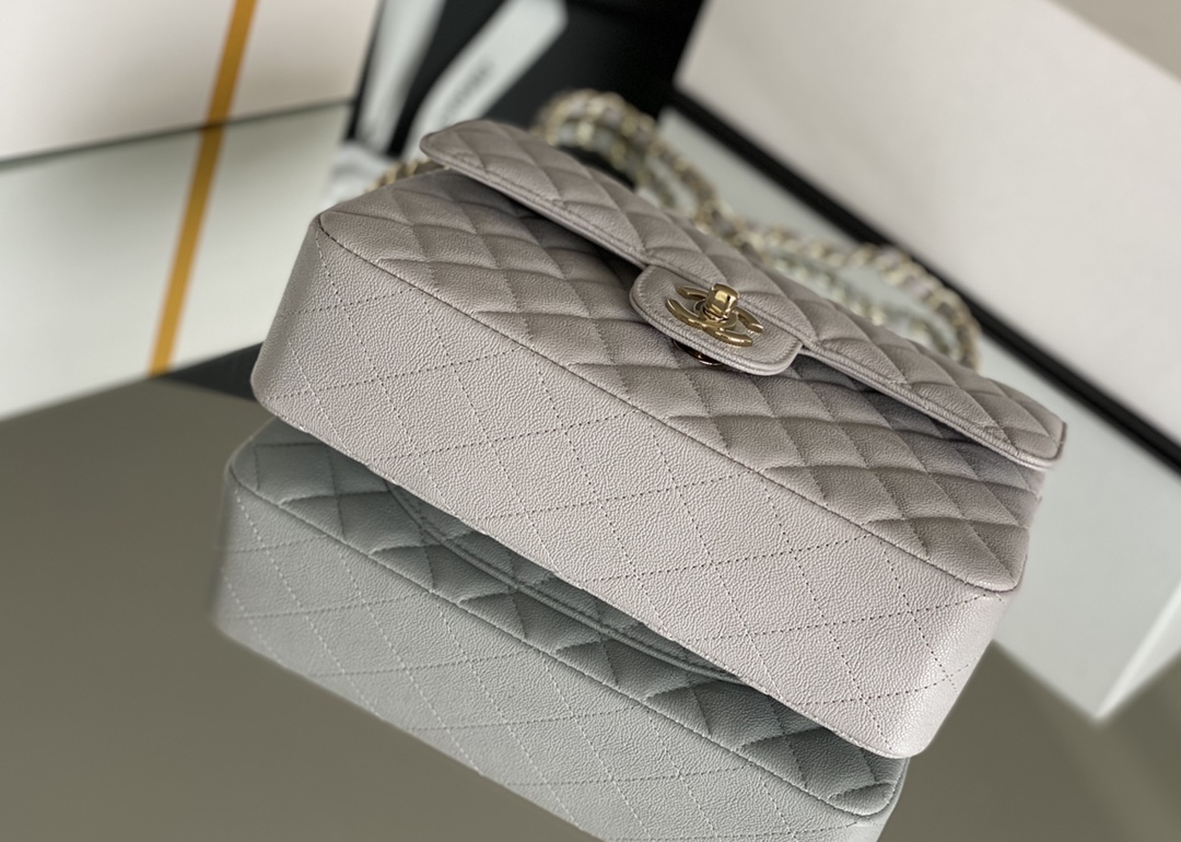 Ch**el Classic Handbag 26cm Grey GOLD Hardware For Women A01112