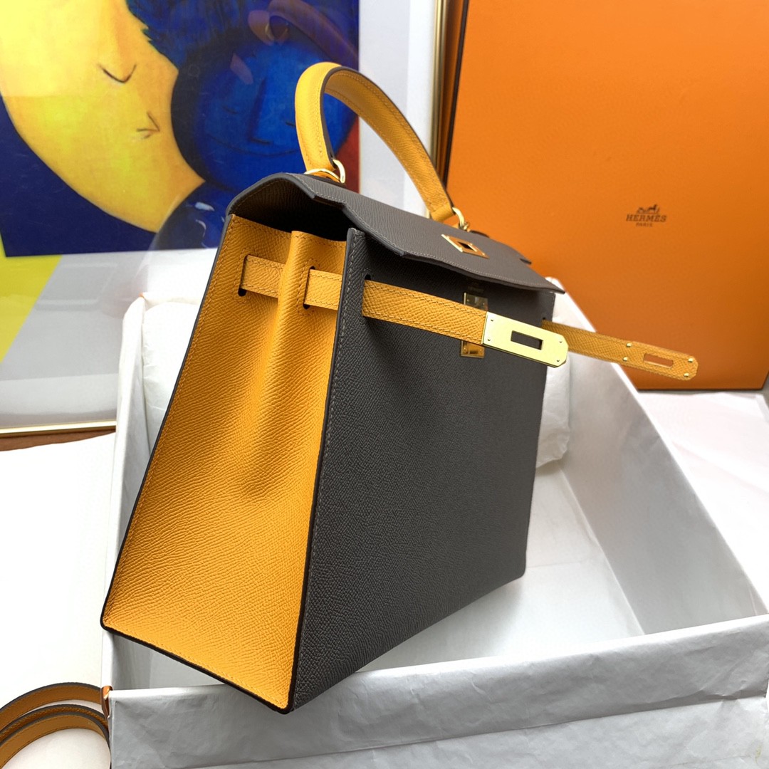 H**me5 Kelly 28 Sellier Epsom Dark Grey/Yellow Bag For Women, Women’s Handbags, Shoulder Bags 11in/28cm