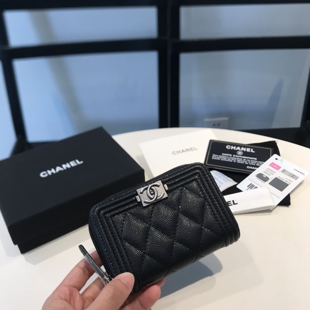 Ch**el CO-CO Boy Flap Card Holder Black Silver Hardware For Women 11.5cm/4.5in
