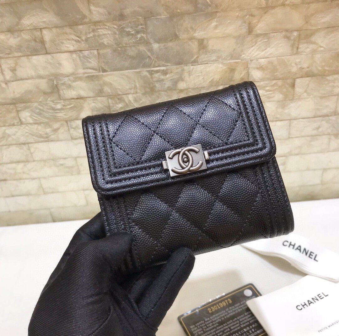 Ch**el CO-CO Flap Card Holder Wallet Black Silver Hardware For Women 11.5cm/4.5in