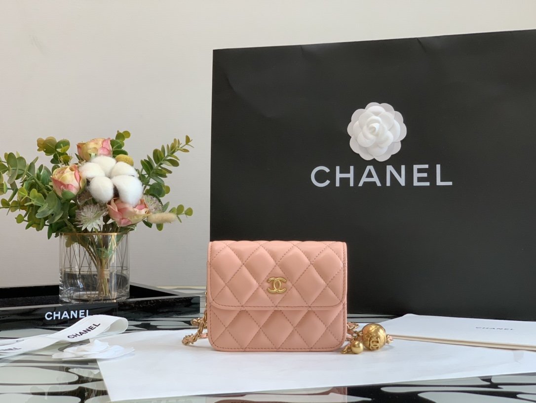 Ch**el CO-CO Wallet On Chain 10cm/3.9in Gold Hardware For Women Pink