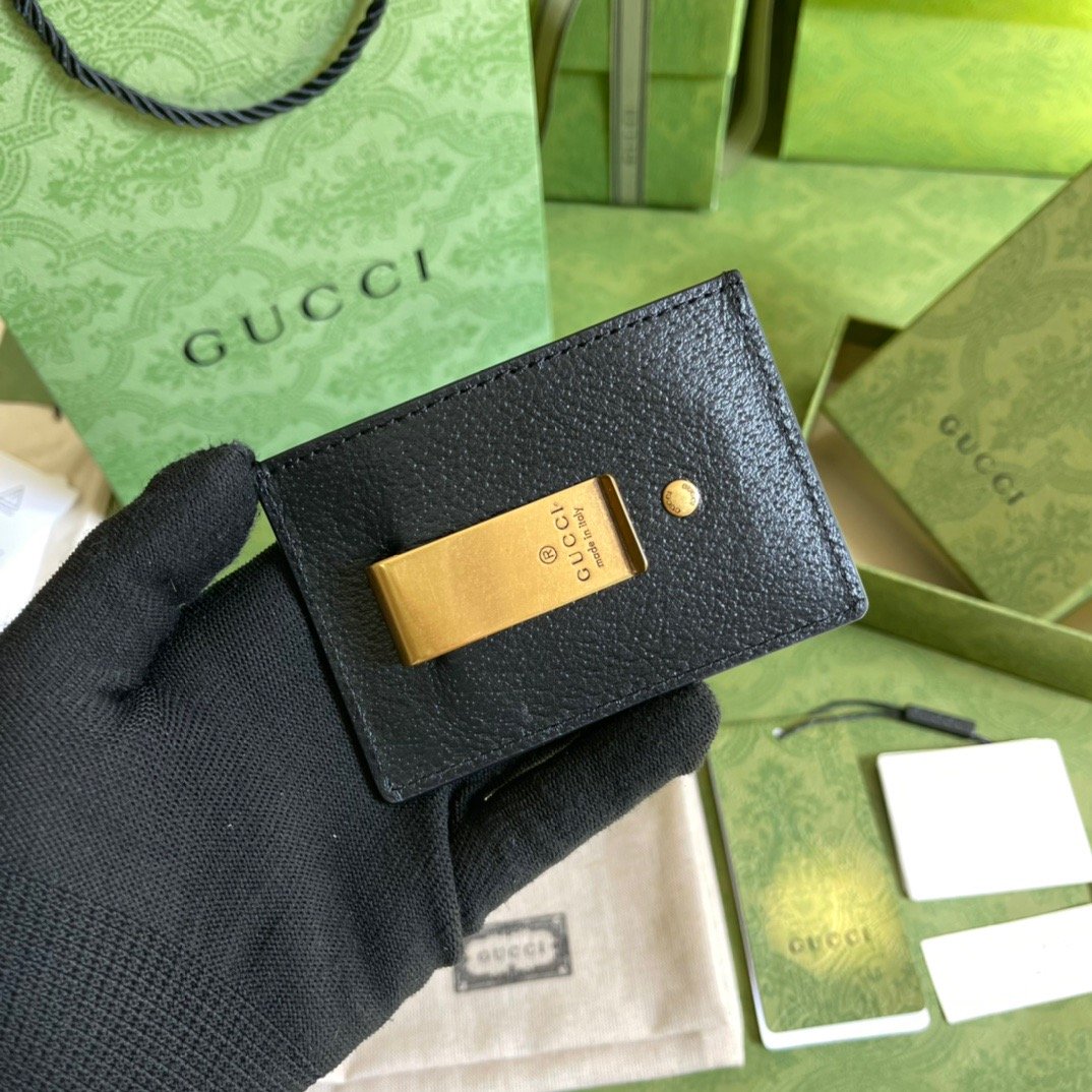 Gvc*1 GG Marmont Card Case Rough Black Gold Toned Hardware For Men 4in/10cm 436022 DJ20T 1000
