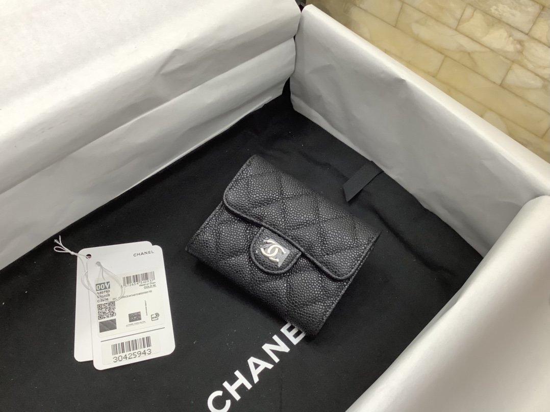 Ch**el CO-CO Classic Card Holder 11cm/4.4in Silver Hardware For Women Black AP0214 Y01480 C3906