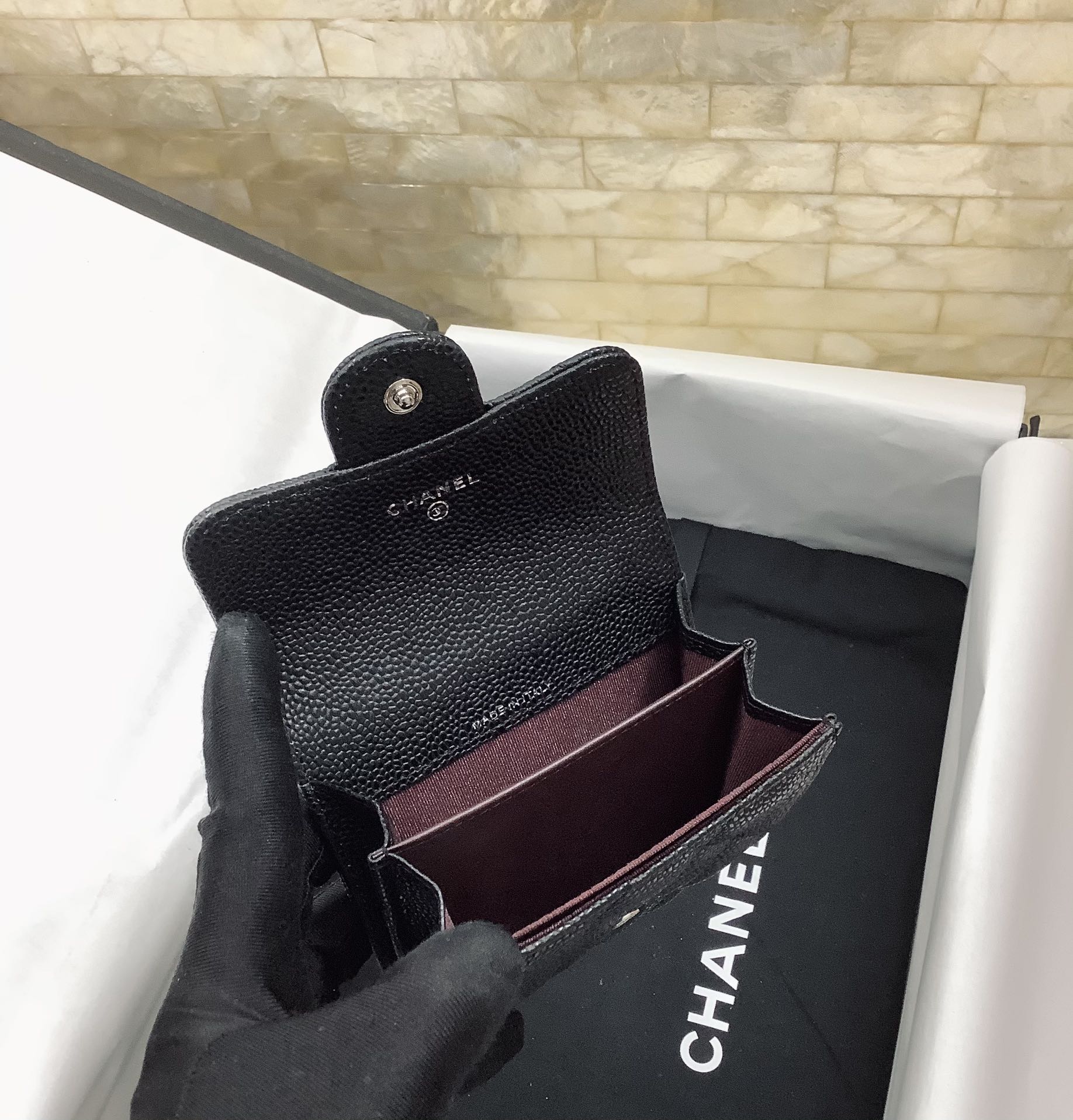 Ch**el CO-CO Classic Card Holder 11cm/4.4in Silver Hardware For Women Black AP0214 Y01480 C3906