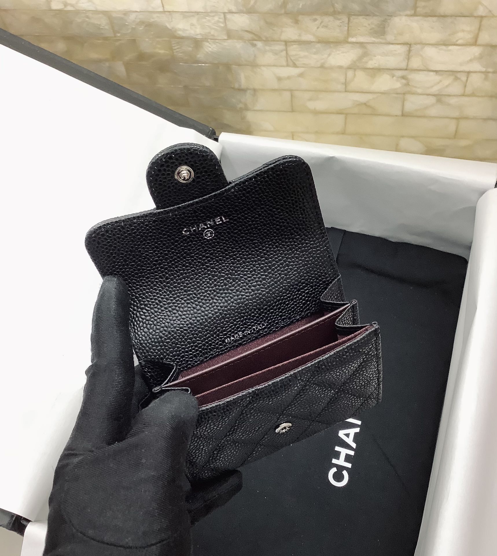Ch**el CO-CO Classic Card Holder 11cm/4.4in Silver Hardware For Women Black AP0214 Y01480 C3906