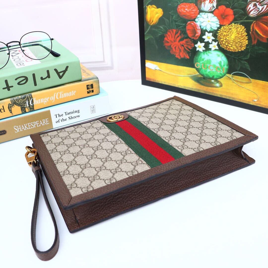 Gvc*1 Ophidia Pouch With Web Beige And Ebony GG Svp*me Canvas For Men 9in/24cm GG ‎672989 96IWT 8745