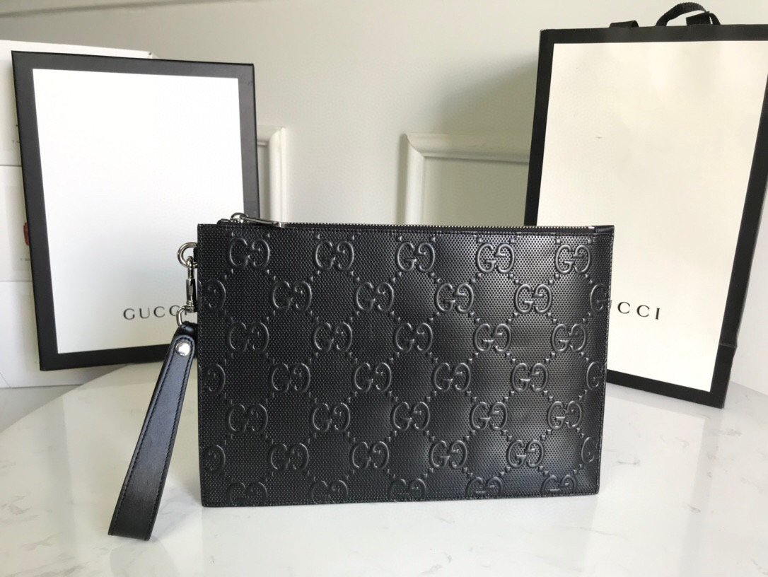 Gvc*1 GG Embossed Pouch Black For Men, Men’s Pouch 12in/31cm GG 625569 1W3AN 1000