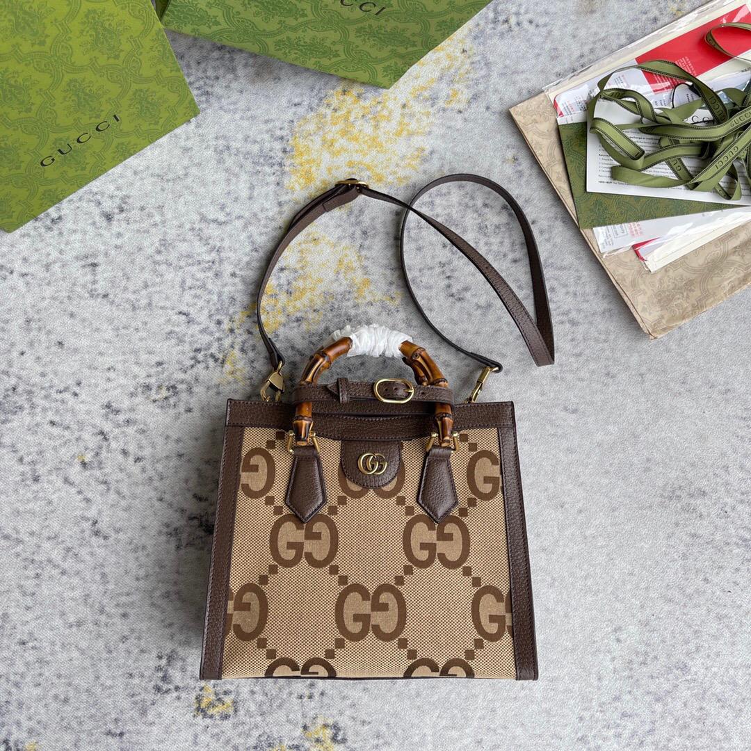 Gvc*1 Diana Jumbo GG Small Tote Bag Camel And Ebony Jumbo GG Canvas Brown For Women 11in/28cm 660195 UKMFT 2672
