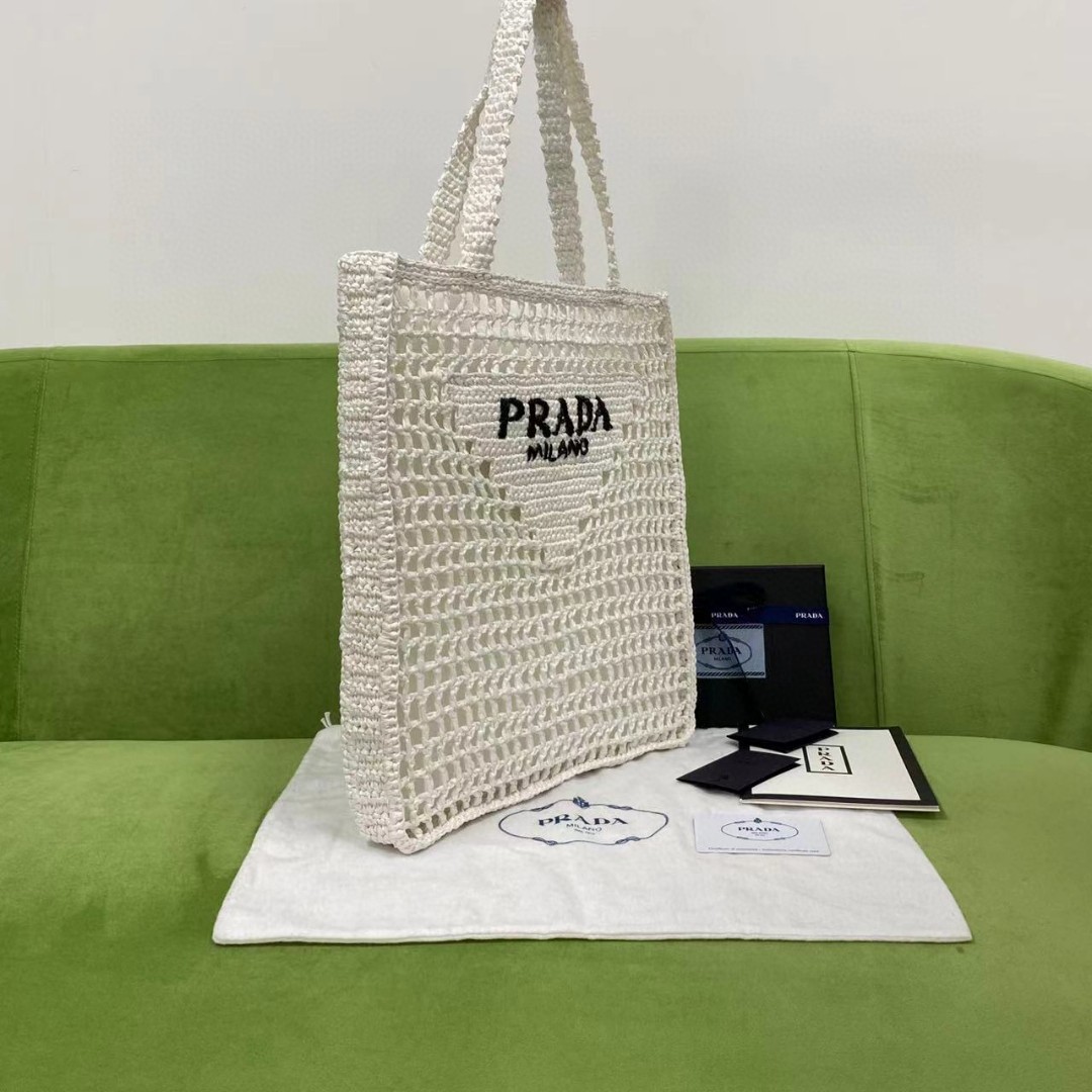 Pra*a Raffia Tote Bag White For Women, Women’s Bags 14.9in/38cm 1BG393_2A2T_F0009_V_OOO