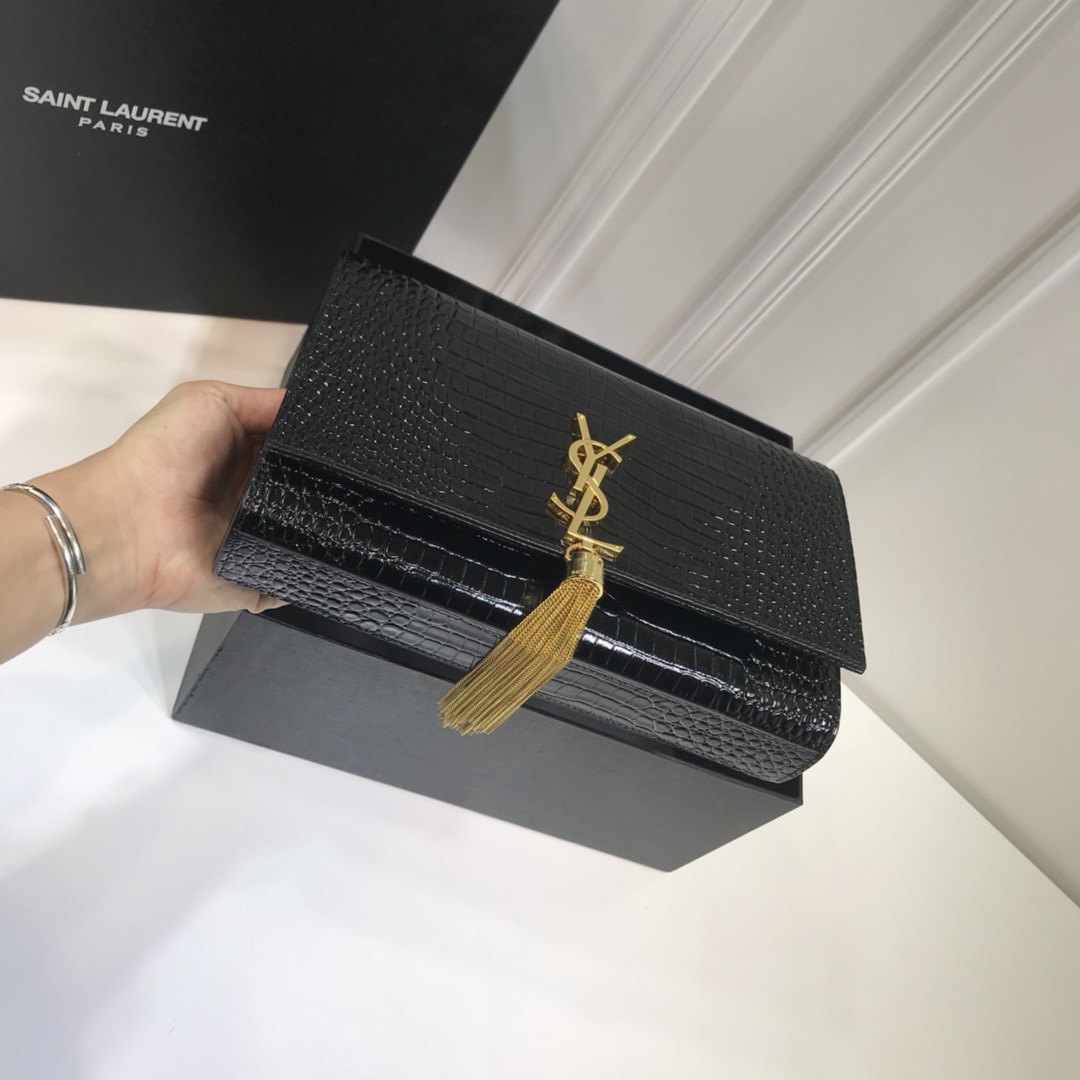 Sa1nt Lau*nt Kate Medium Chain Bag With Tassel In Embossed Crocodile Black For Women 9.4in/24cm Y51 354119DND0J1000