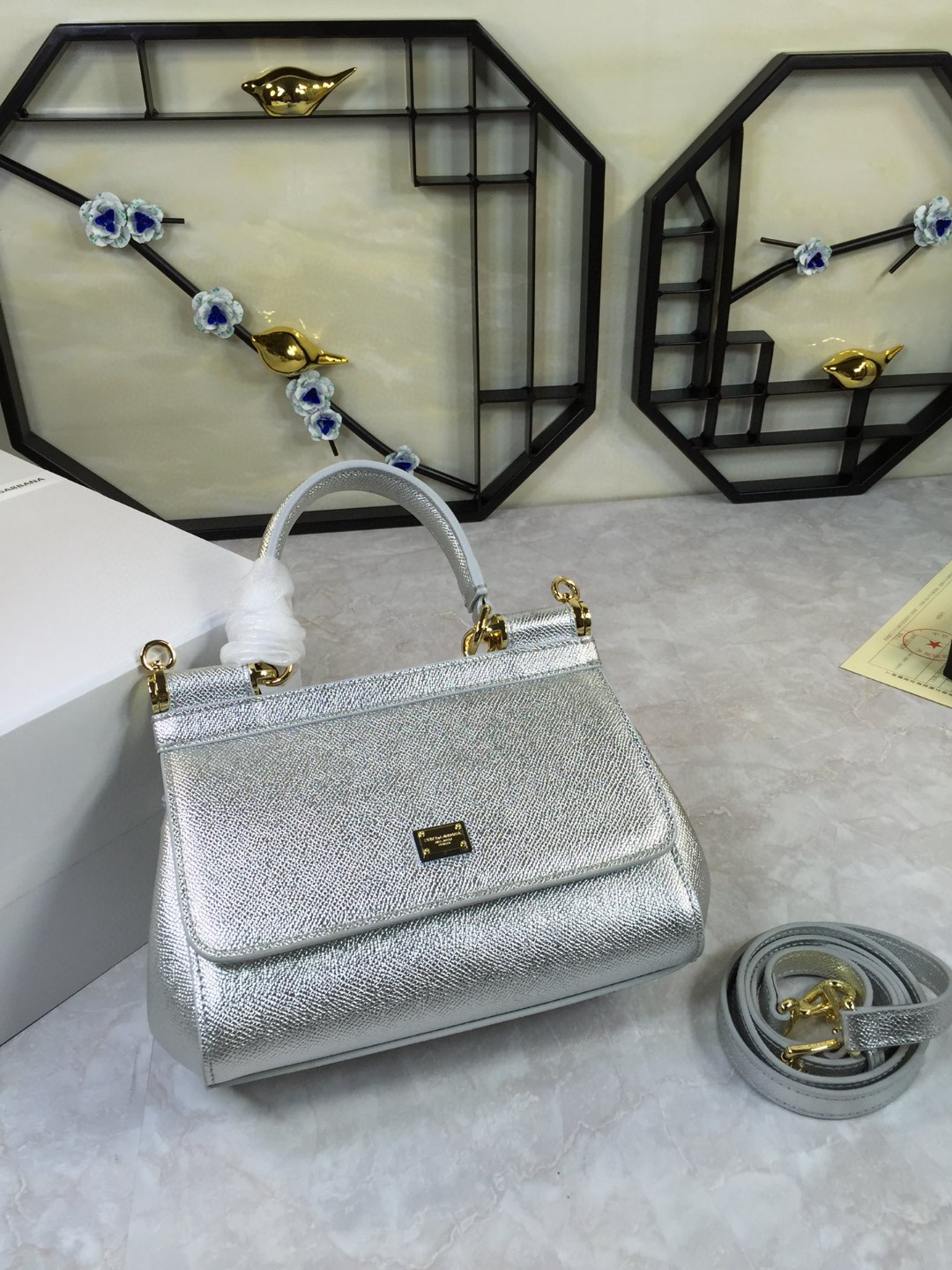 Dolce & Gabbana Medium Sicily Handbag In Dauphine Silver For Women 10.2in/26cm DG
