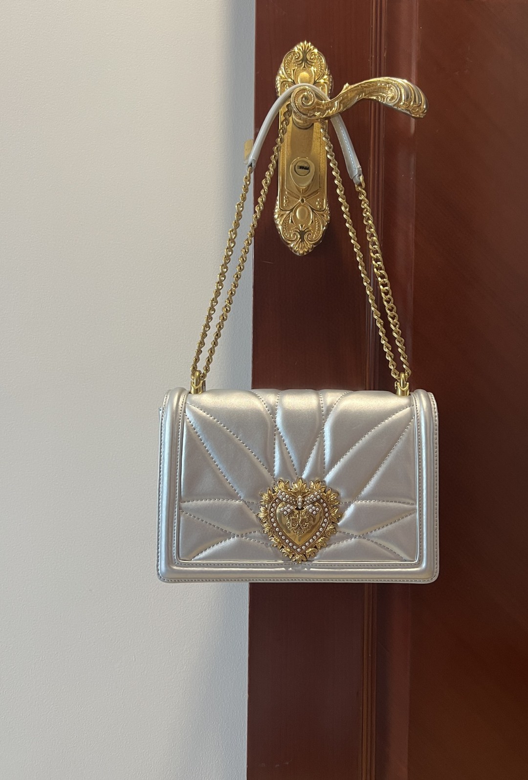 Dolce & Gabbana Large Devotion Bag In Quilted Nappa Silver For Women 10in/26cm DG