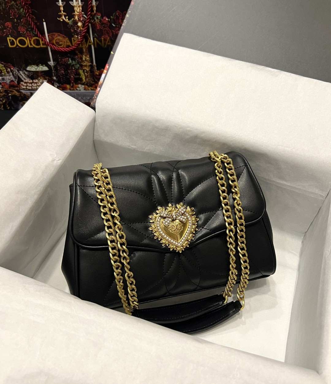 Dolce & Gabbana Large Devotion Shoulder Bag In Quilted Nappa Black For Women 11.4in/29cm DG