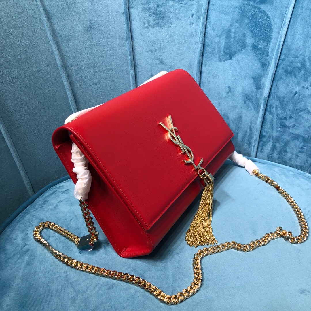 Sa1nt Lau*nt Kate Medium Chain Bag With Tassel In Grain De Poudre Red For Women 9.4in/24cm Y51