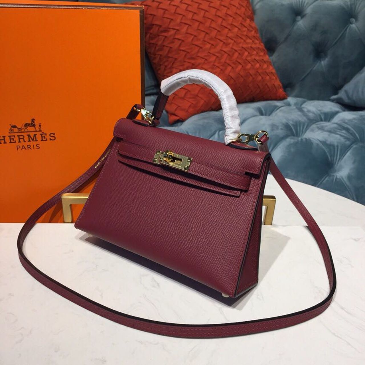 H**me5 Mini Kelly Burgundy For Women Gold Toned Hardware 7.5in/19cm