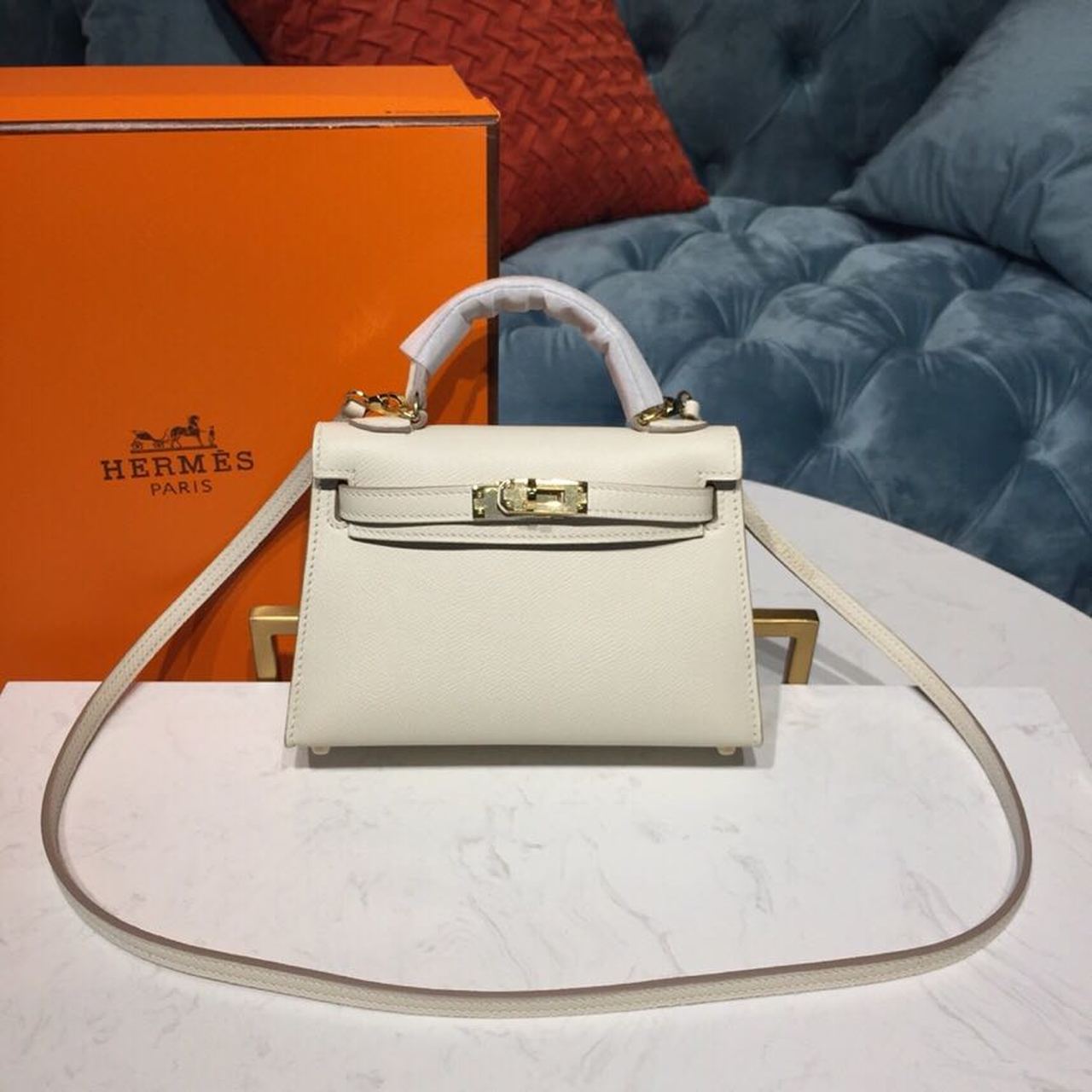 H**me5 Mini Kelly White For Women Gold Toned Hardware 7.5in/19cm