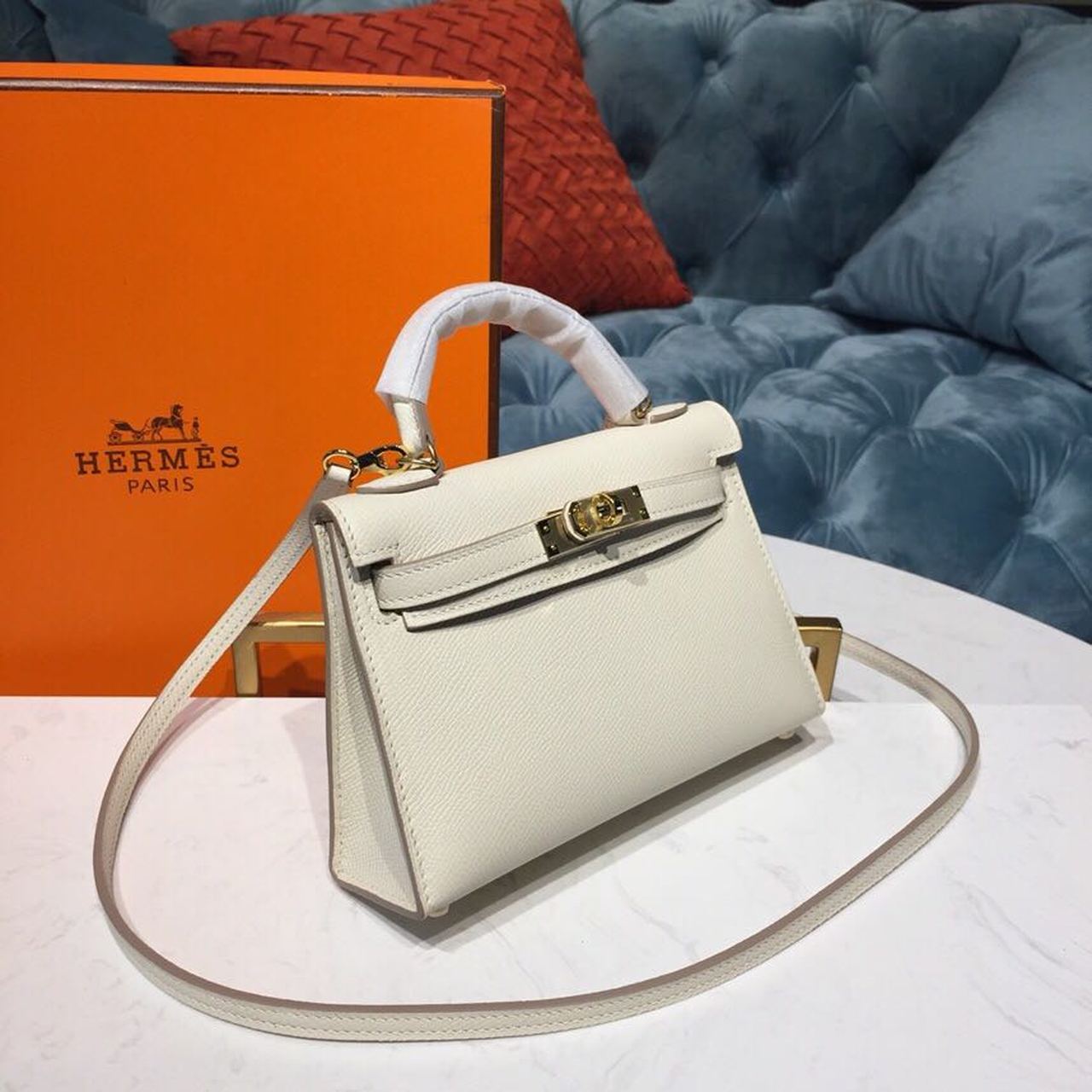 H**me5 Mini Kelly White For Women Gold Toned Hardware 7.5in/19cm