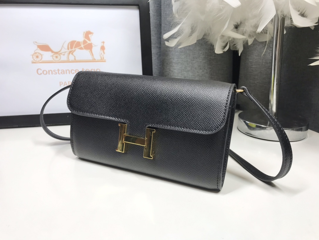 H**me5 Constance Togo Long Wallet  21cm/8.3in Gold Toned Hardware For Women Black