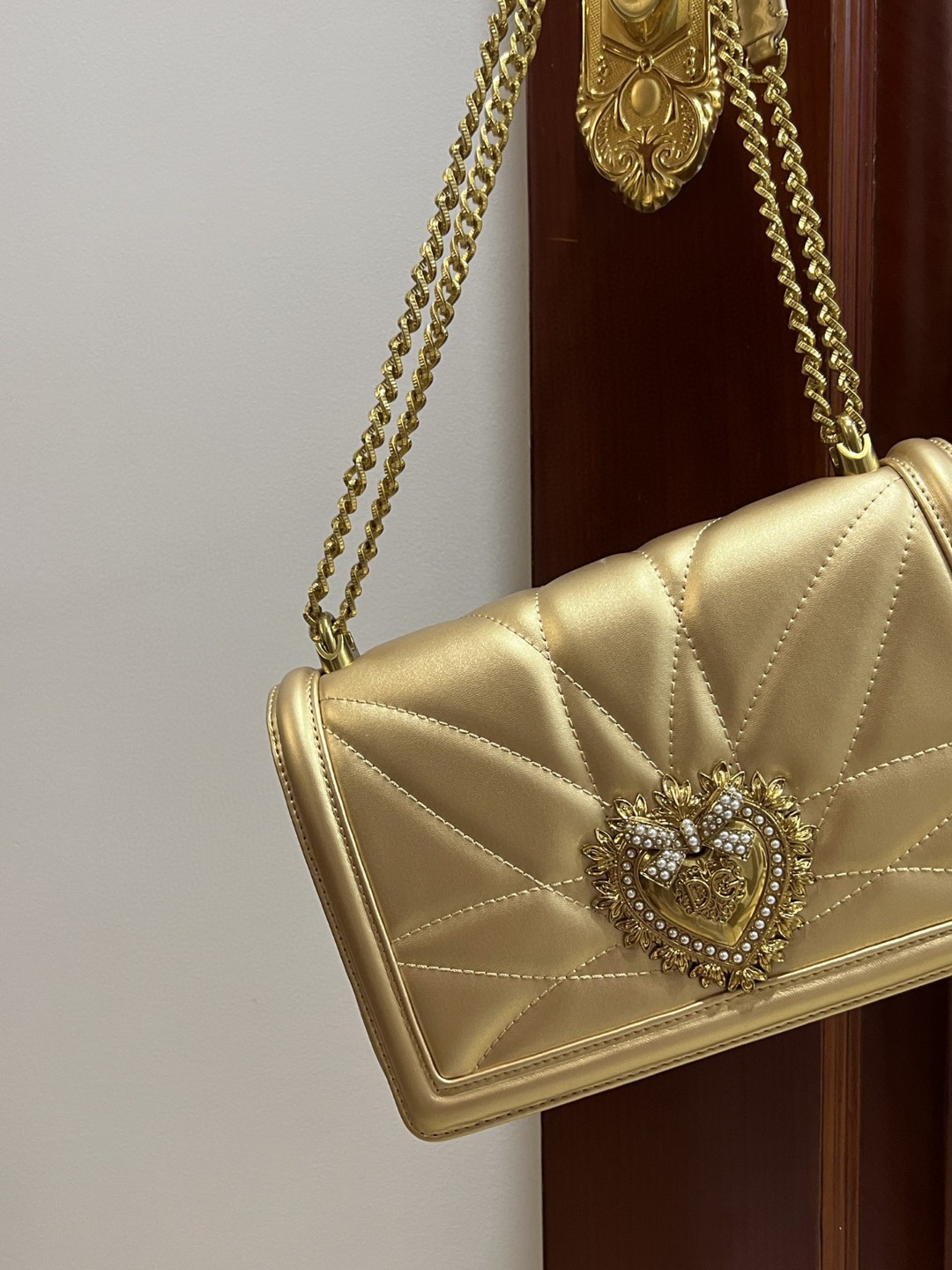 Dolce & Gabbana Large Devotion Bag In Quilted Nappa Gold For Women 10in/26cm DG