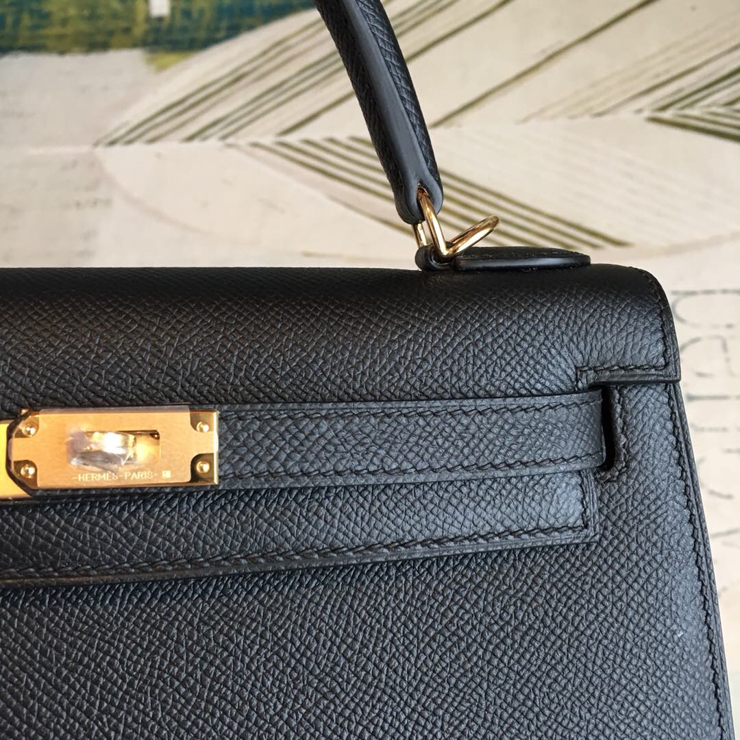 H**me5 Kelly Black For Women Gold Toned Hardware 10in/25cm