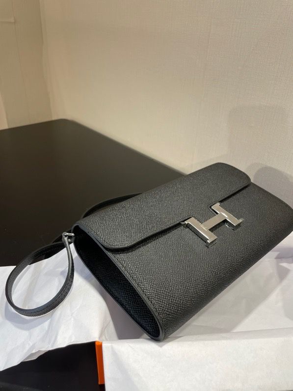 H**me5 Constance Togo Long Wallet  21cm/8.3in Silver Toned Hardware For Women Black