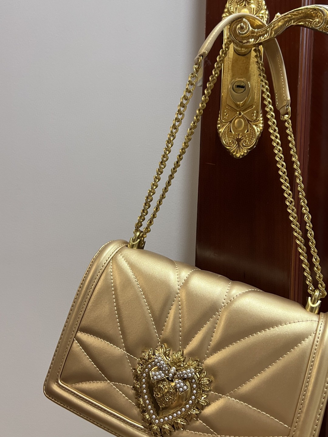 Dolce & Gabbana Large Devotion Bag In Quilted Nappa Gold For Women 10in/26cm DG
